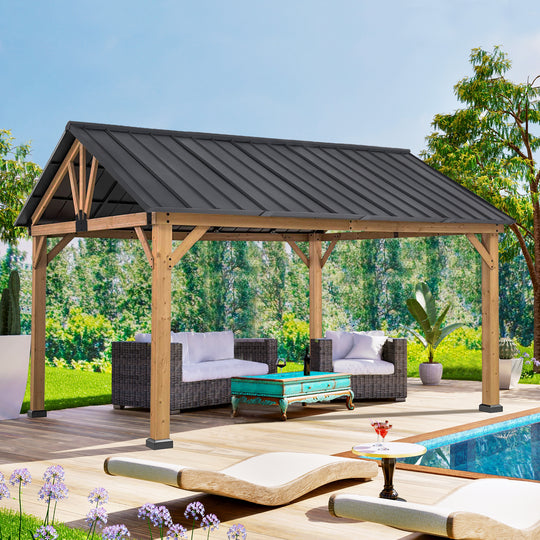 COOS BAY 11x13 Outdoor Patio Wooden Cedar Wood Frame Steel Hardtop Gazebo