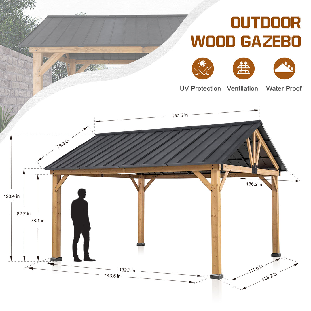 COOS BAY 11x13 Outdoor Patio Wooden Cedar Wood Frame Steel Hardtop Gazebo