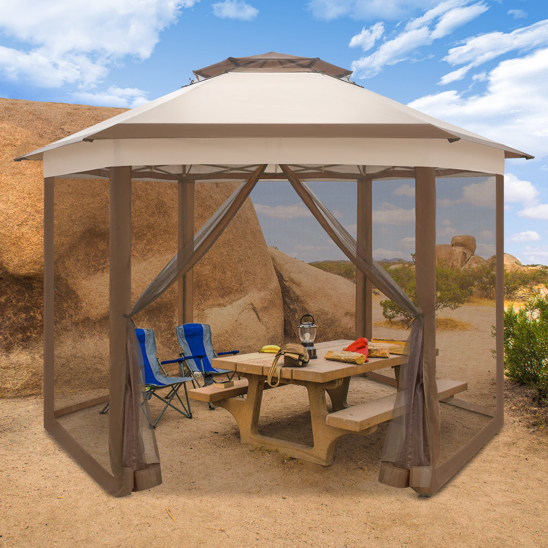 COOS BAY 13' x 13' Pop Up Double Roof Gazebo w/ Mosquito Netting, Beige