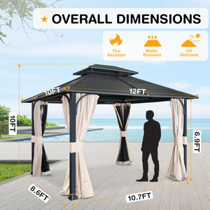 COOS BAY 10x12 Hardtop Gazebo with Curtains and Netting, Outdoor Double Roof Steel Canopy Gazebo for Garden, Patio, Lawn and Party