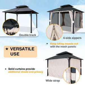 COOS BAY 10x12 Hardtop Gazebo with Curtains and Netting, Outdoor Double Roof Steel Canopy Gazebo for Garden, Patio, Lawn and Party